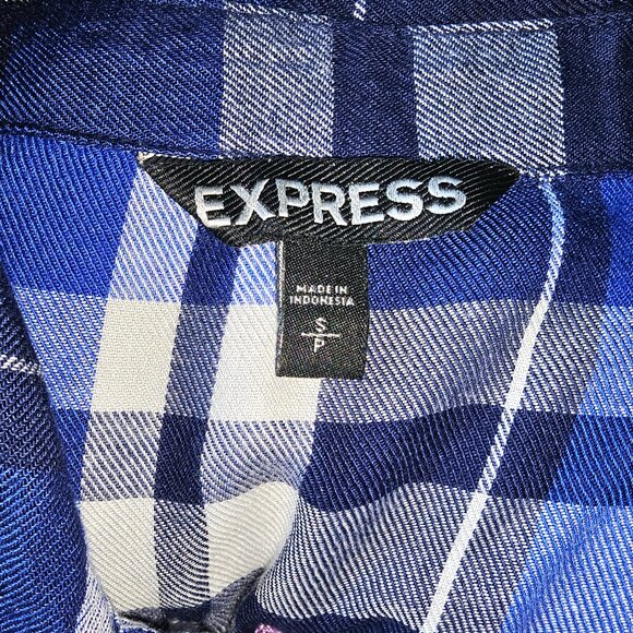 Express Coastal Academian Blue Plaid Roll-Tab Shirt Small - Picture 10 of 11